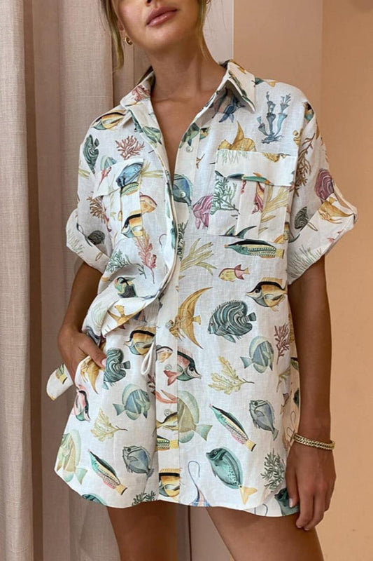 Amora™ Kişiye Özel Balık Desenli Tatil Kısa Kollu Gömlek Batik Şort Takım