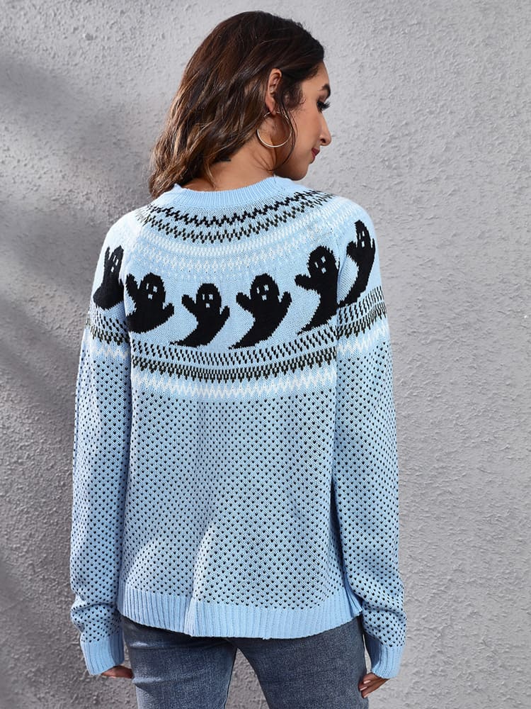 Amora™ Edebi Retro Hayalet Desenli Yuvarlak Yaka Örme Kazak