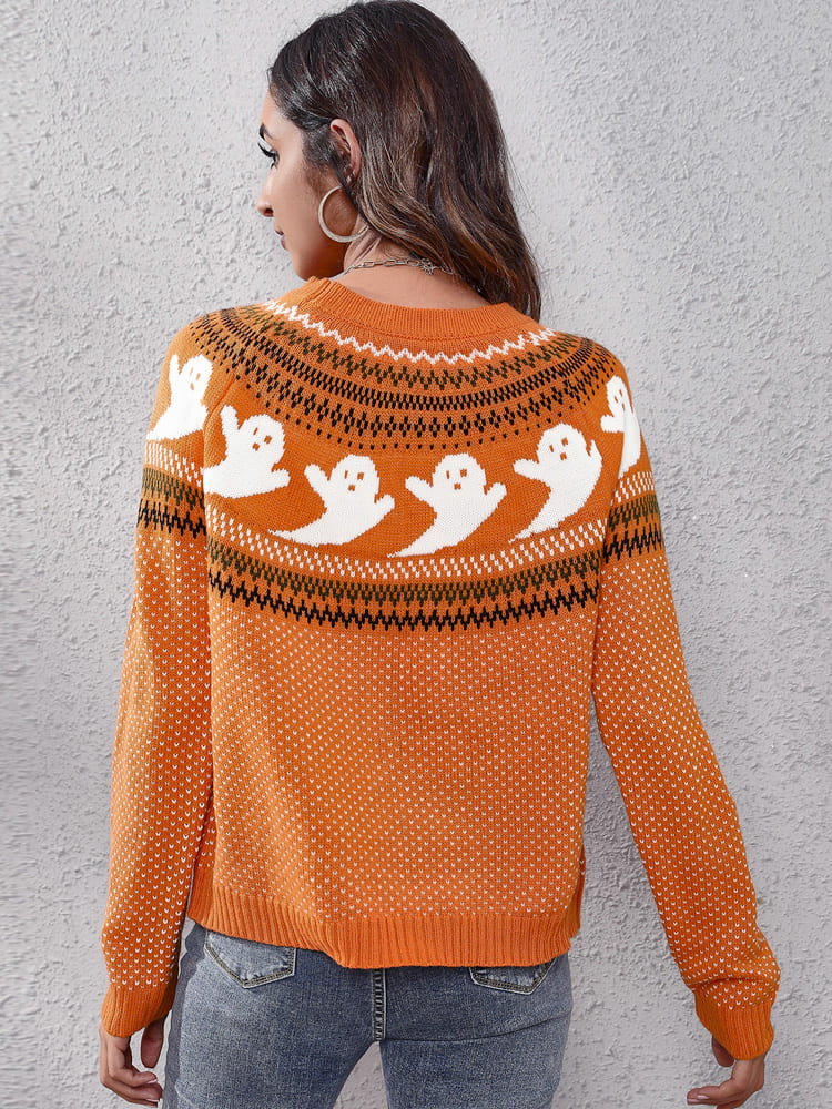 Amora™ Edebi Retro Hayalet Desenli Yuvarlak Yaka Örme Kazak