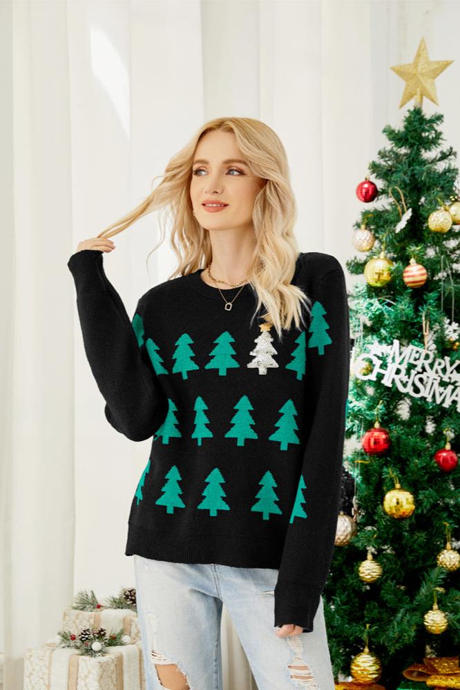 Amora™ Parıldayan Payetli Noel Ağacı Örgü Kazak