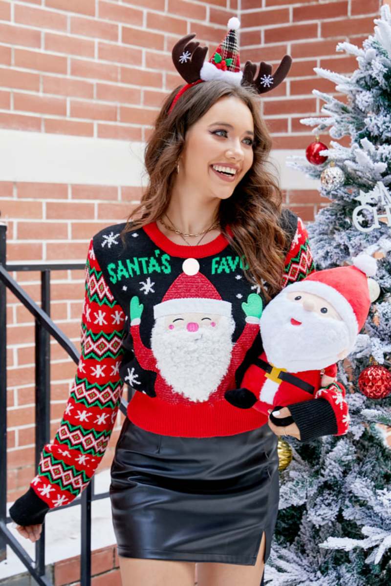 Amora™ İşlemeli Noel Baba Desenli Günlük Bisiklet Yaka Örgü Kazak