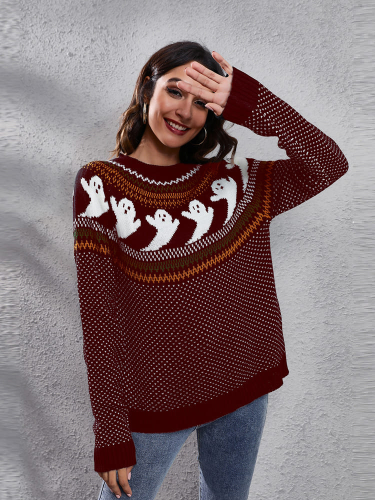 Amora™ Edebi Retro Hayalet Desenli Yuvarlak Yaka Örme Kazak