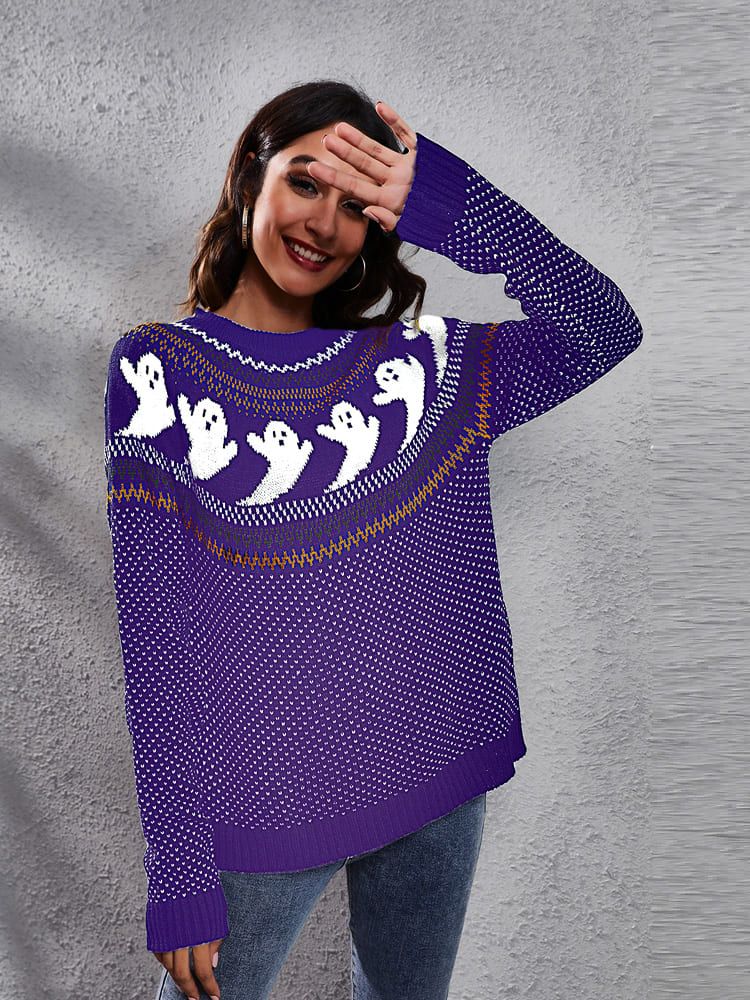 Amora™ Edebi Retro Hayalet Desenli Yuvarlak Yaka Örme Kazak