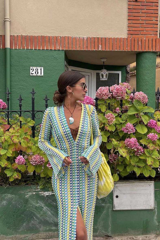 Amora™ Boho V Yaka Çan Kol Dalgalı Çizgili Tığ İşi Plaj Tatili Maxi Elbise
