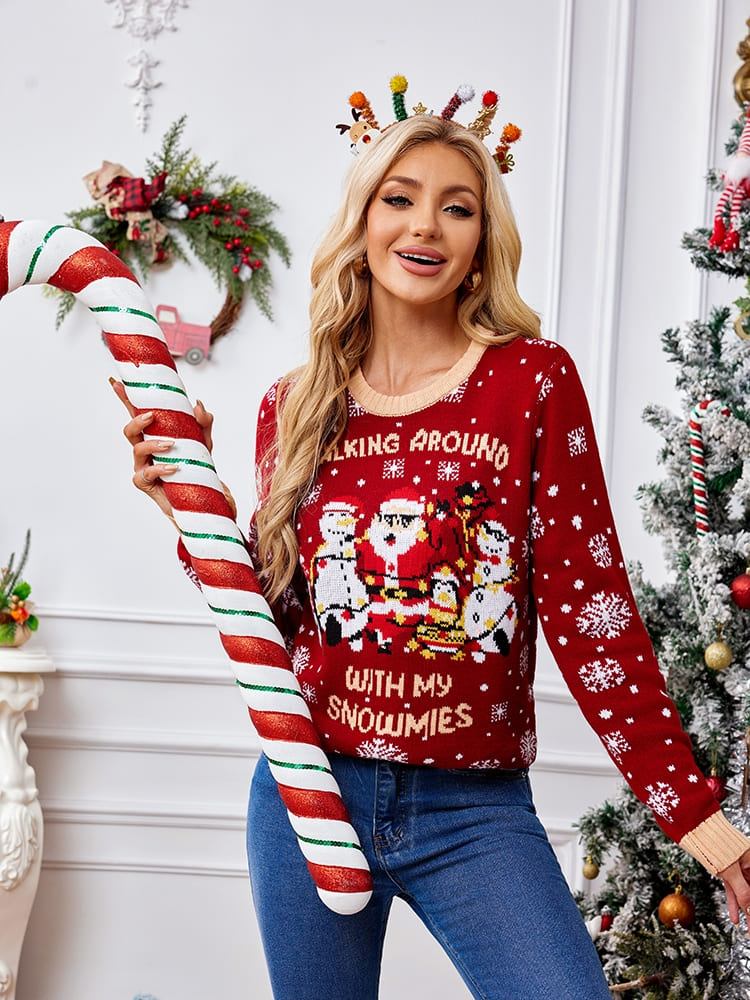 Amora™ Günlük Bisiklet Yaka İşlemeli Kazak – Noel Baba ve Penguen