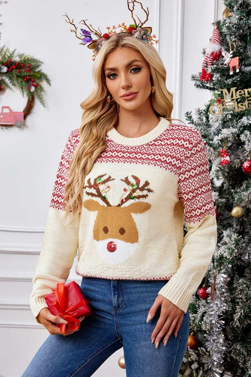 Amora™ Noel Yuvarlak Yaka İşlemeli Örgü Kazak