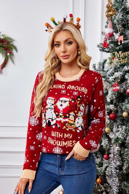 Amora™ Günlük Bisiklet Yaka İşlemeli Kazak – Noel Baba ve Penguen