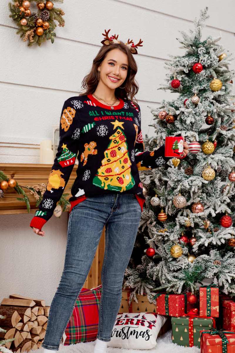 Amora™ Günlük Bisiklet Yaka İşlemeli Noel Ağacı Kazak