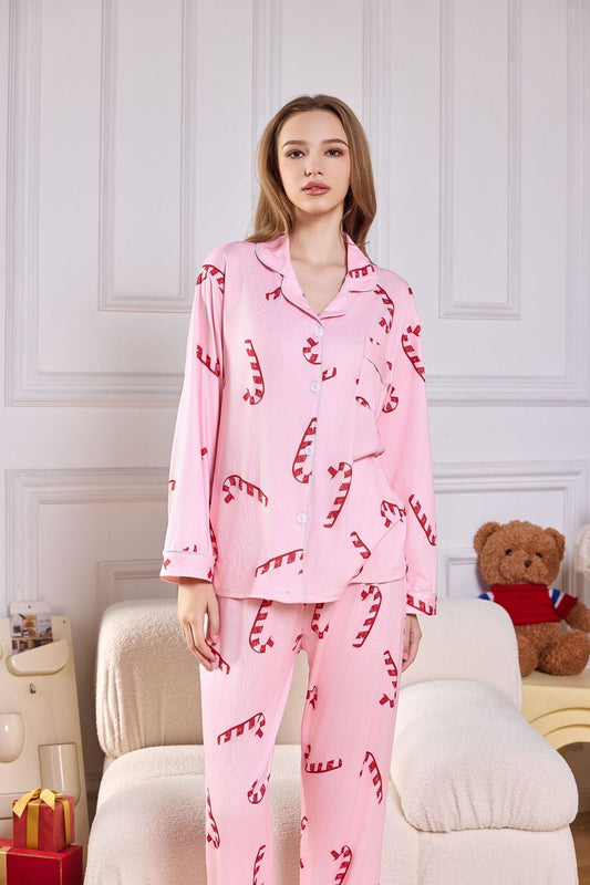 Amora™ Pembe Şeker Kamışı Desenli Saten Uzun Pijama Takımı