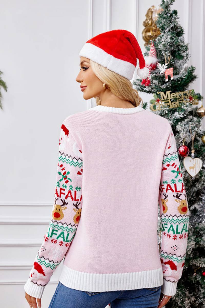 Amora™ Bol Kesim Yuvarlak Yaka Noel Karikatür Örgü Kazak - Pembe