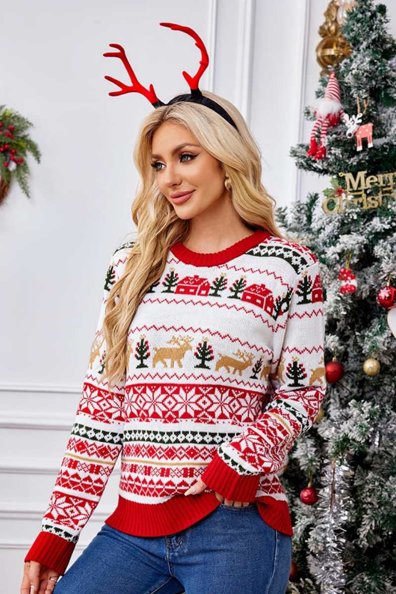 Amora™ Noel Yuvarlak Yaka İşlemeli Örgü Kazak
