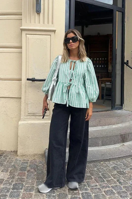 Amora™ Yeşil Çizgili Puf Kol Peplum Fiyonklu Bluz Kısa Üst