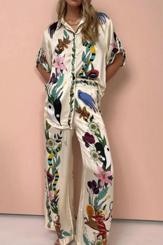 Amora™ Boho Natureza Baskılı Saten Gömlek ve Pantolon Takım