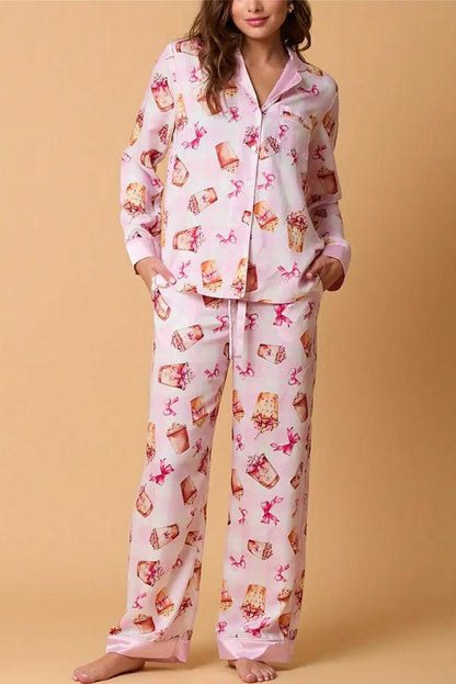 Amora™ İlmek Sütlü Çay Desenli Pijama Takımı Uzun Kollu Gömlek