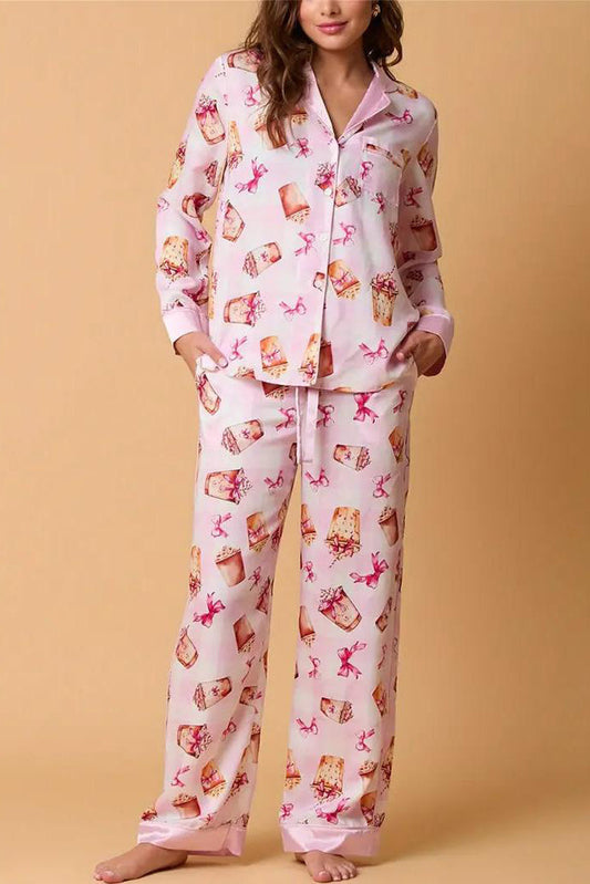 Amora™ İlmek Sütlü Çay Desenli Pijama Takımı Uzun Kollu Gömlek