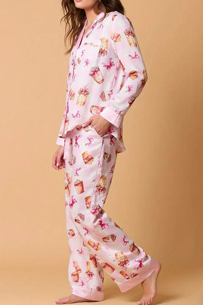 Amora™ İlmek Sütlü Çay Desenli Pijama Takımı Uzun Kollu Gömlek