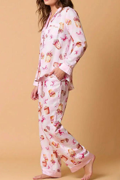 Amora™ İlmek Sütlü Çay Desenli Pijama Takımı Uzun Kollu Gömlek