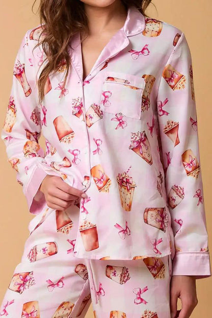 Amora™ İlmek Sütlü Çay Desenli Pijama Takımı Uzun Kollu Gömlek