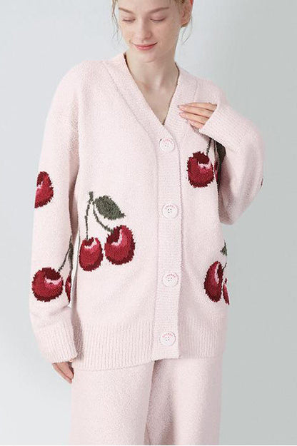 Amora™ Yumuşak Yarım Kadife Kiraz Hırka Pijama Takımı