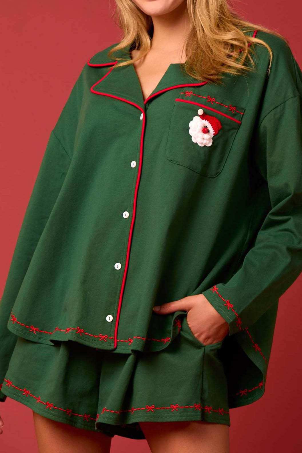 Amora™ Noel Baba Uzun Kollu Gömlek Şort Pijama Takımı