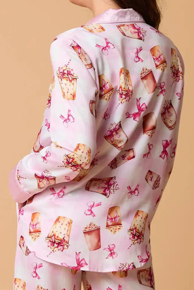 Amora™ İlmek Sütlü Çay Desenli Pijama Takımı Uzun Kollu Gömlek