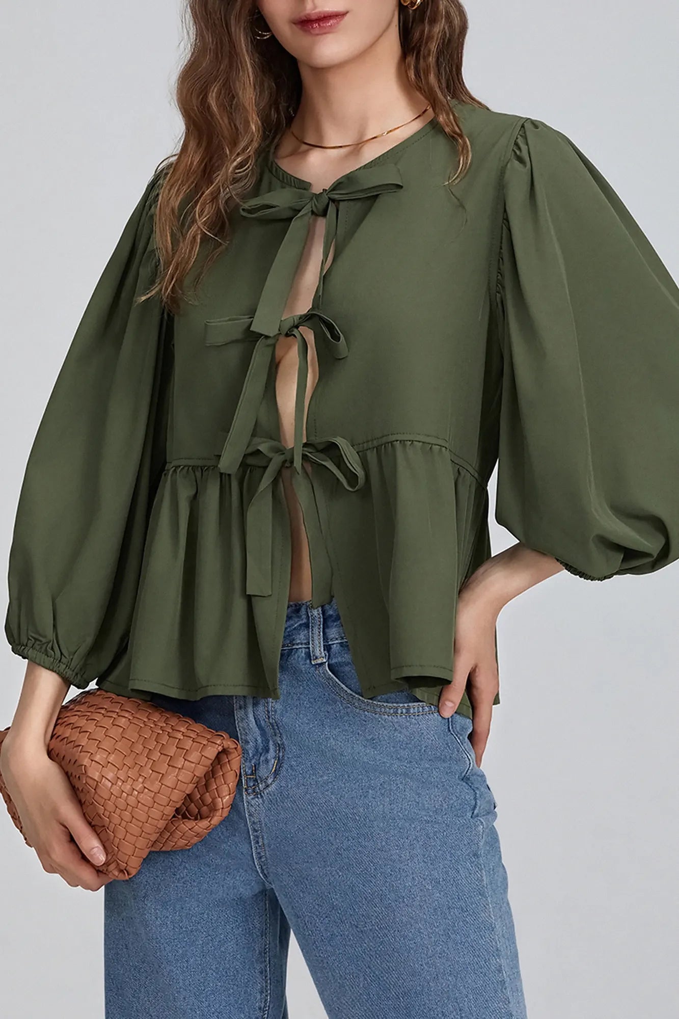 Amora™ Puf Kollu Peplum Papyon Bluz Üst