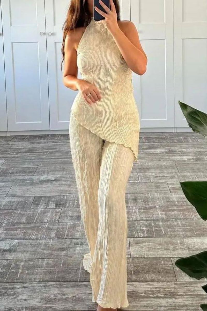Amora™ Kolsuz Boyundan Bağlamalı Yüksek Bel Günlük Geniş Paça Pantolon Takım