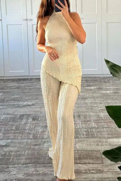 Amora™ Kolsuz Boyundan Bağlamalı Yüksek Bel Günlük Geniş Paça Pantolon Takım