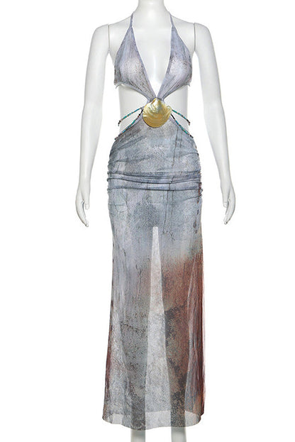 Amora™ Eve Halter Yaka Kabuk Kesim Uzun File Elbise