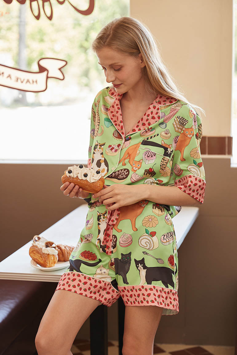 Amora™ Kahve Kedi Şort Pijama Takımı