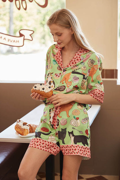 Amora™ Kahve Kedi Şort Pijama Takımı