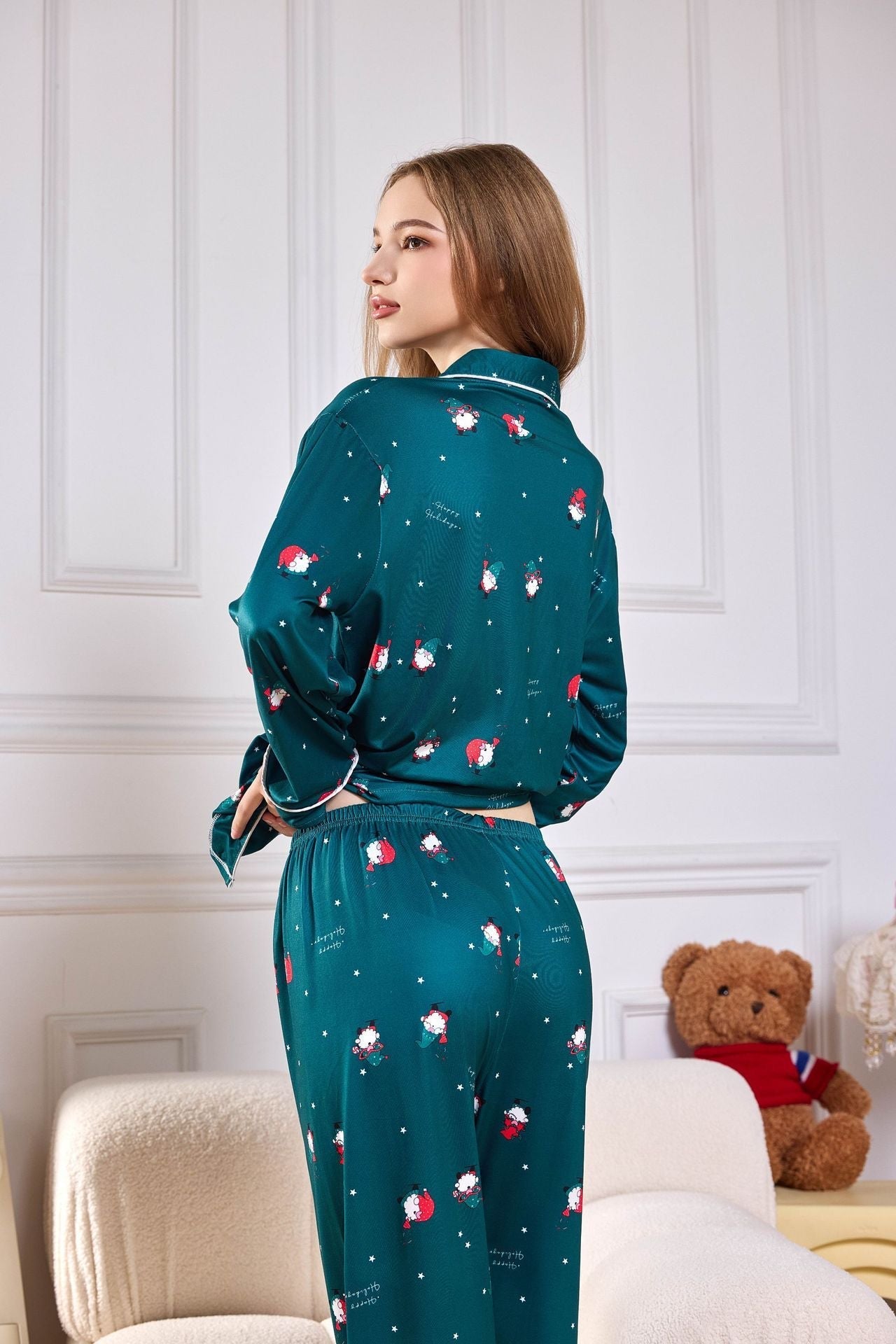 Amora™ Pembe Şeker Kamışı Desenli Saten Uzun Pijama Takımı