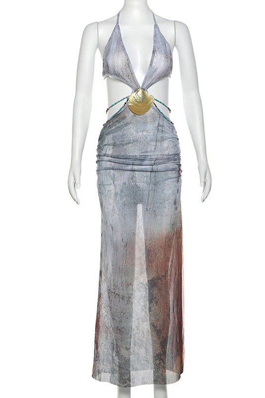 Amora™ Eve Halter Yaka Kabuk Kesim Uzun File Elbise