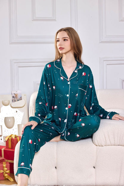 Amora™ Pembe Şeker Kamışı Desenli Saten Uzun Pijama Takımı