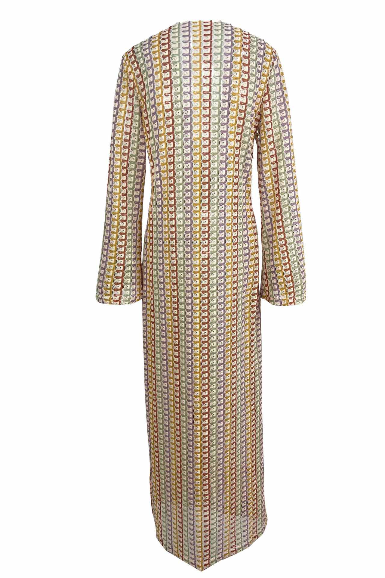 Amora™ Boho V Yaka Çan Kol Dalgalı Çizgili Tığ İşi Plaj Tatili Maxi Elbise