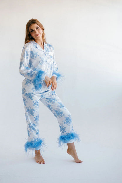 Amora™ Mavi Çiçek Desenli Saten Pijama Takımı