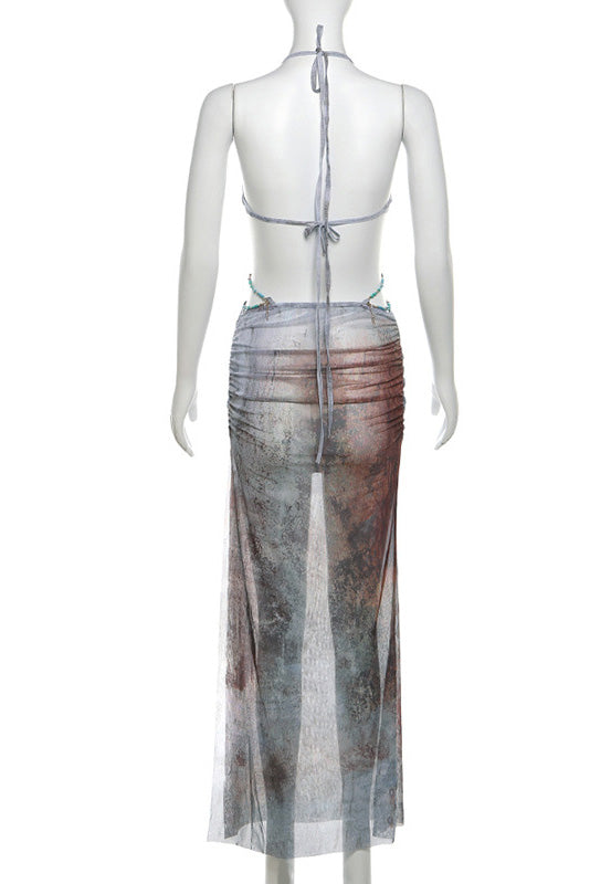 Amora™ Eve Halter Yaka Kabuk Kesim Uzun File Elbise