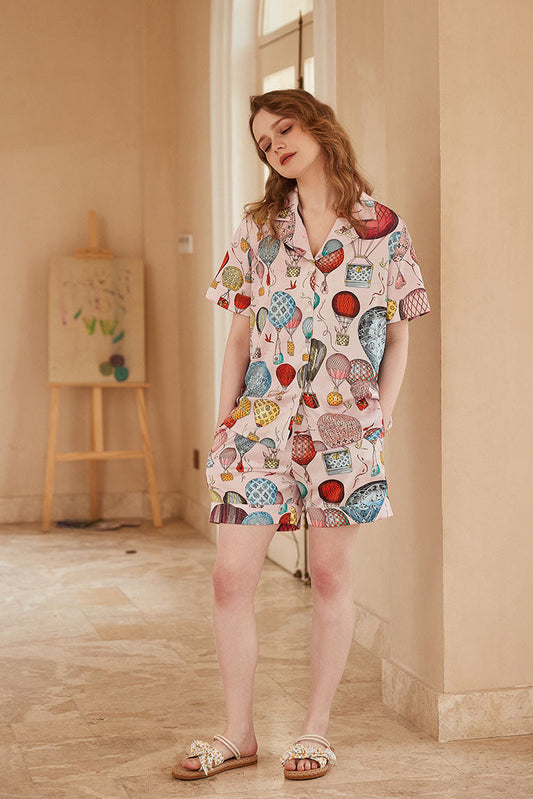 Amora™ Sıcak Hava Balonu Desenli Önü Açık Kısa Kollu Pijama Takımı