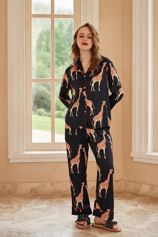 Amora™ Siyah Zürafa Desenli Uzun Kollu Pijama Takımı