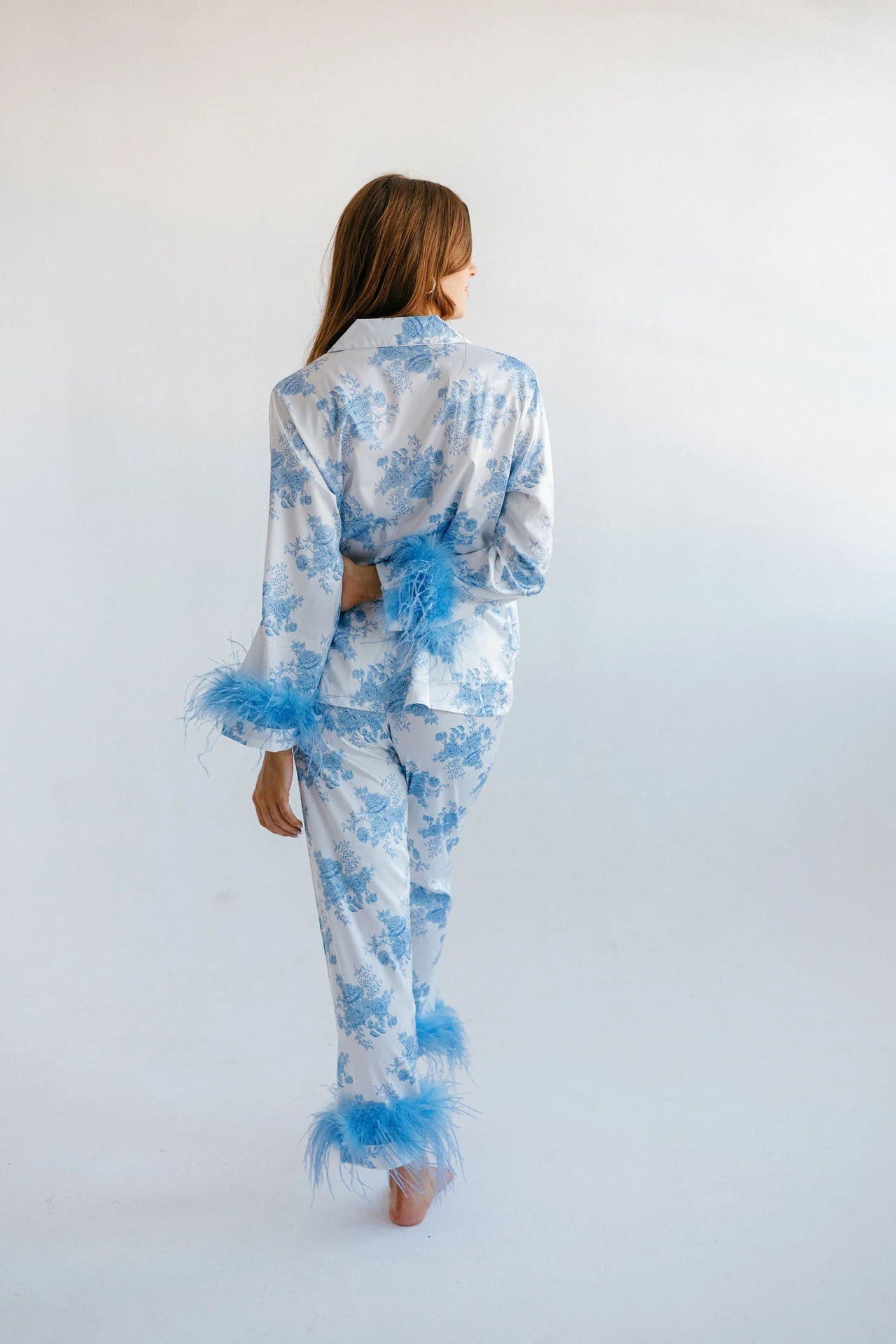 Amora™ Mavi Çiçek Desenli Saten Pijama Takımı
