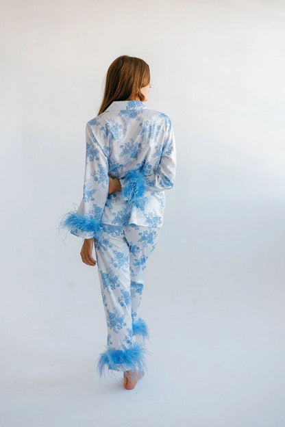Amora™ Mavi Çiçek Desenli Saten Pijama Takımı