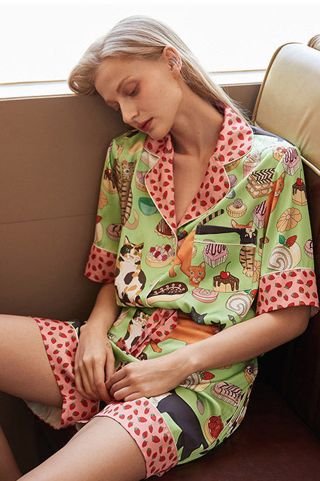 Amora™ Kahve Kedi Şort Pijama Takımı