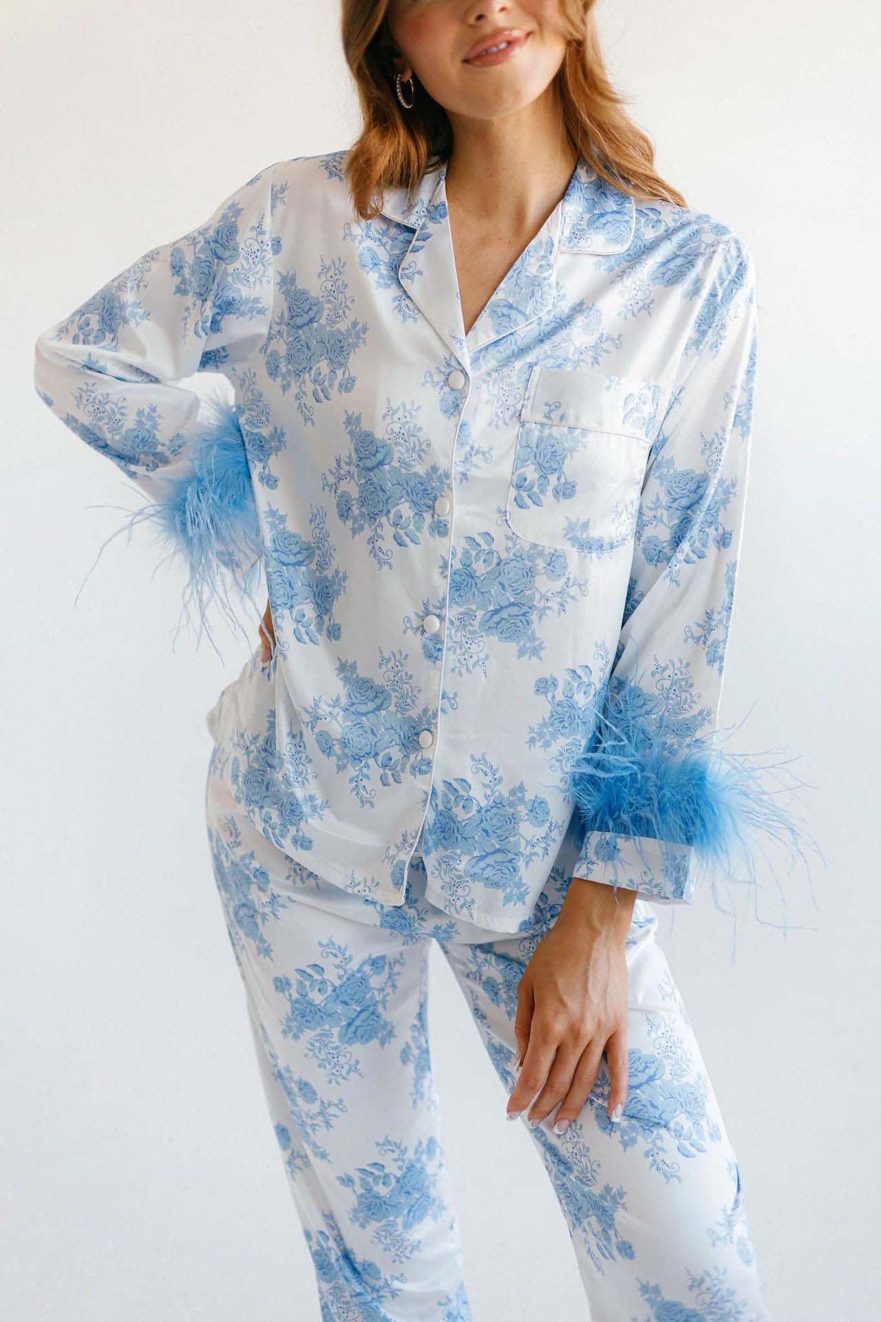 Amora™ Mavi Çiçek Desenli Saten Pijama Takımı