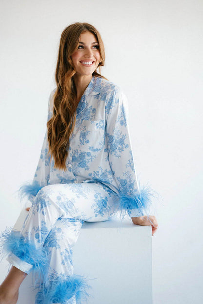 Amora™ Mavi Çiçek Desenli Saten Pijama Takımı