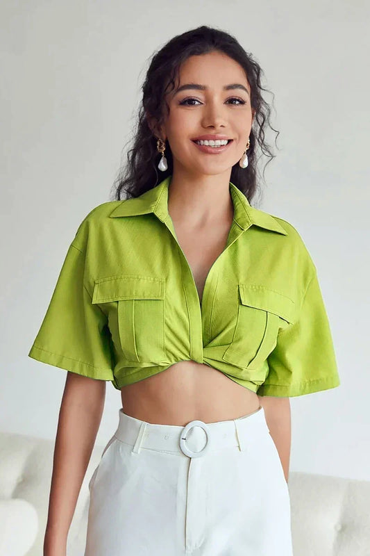 Amora™ Kay Twisted Crop Keten Bluz