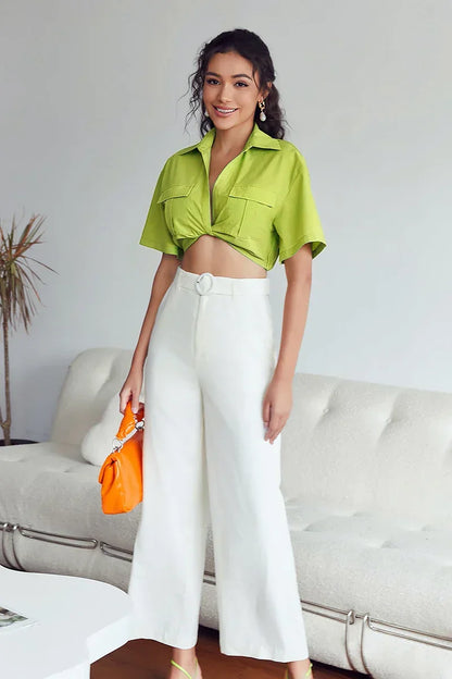 Amora™ Kay Twisted Crop Keten Bluz