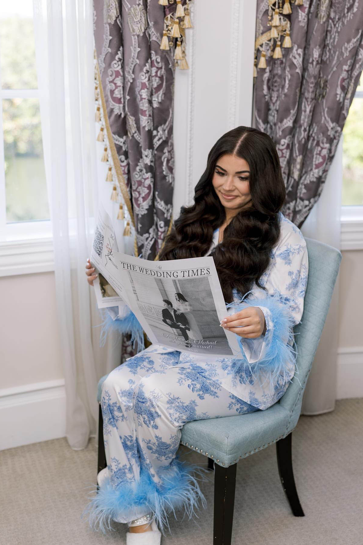 Amora™ Mavi Çiçek Desenli Saten Pijama Takımı