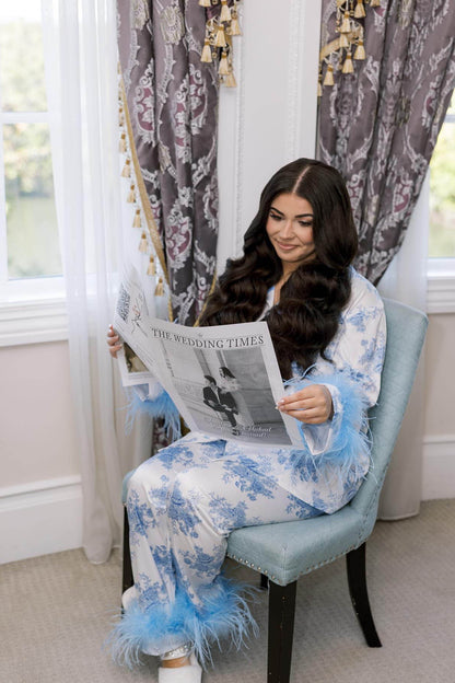 Amora™ Mavi Çiçek Desenli Saten Pijama Takımı