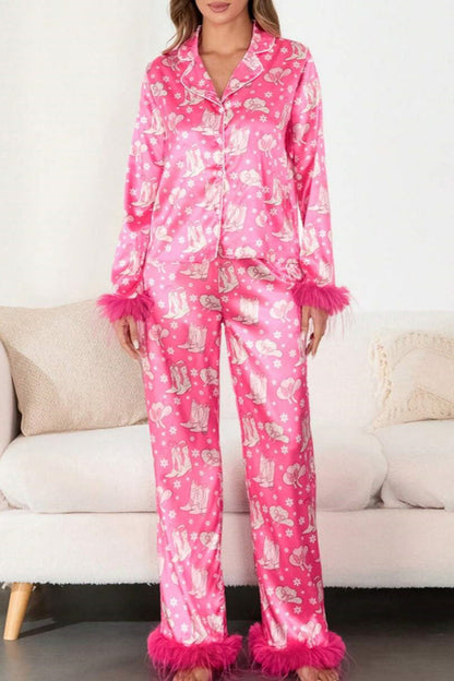 Amora™ Bot ve Tüy Desenli Saten Pijama Takımı