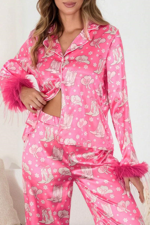 Amora™ Bot ve Tüy Desenli Saten Pijama Takımı